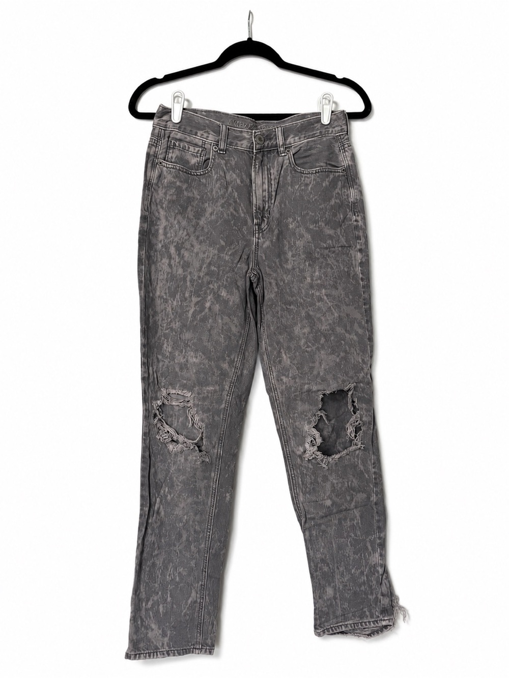 American Eagle Outfitters Gray Acid-Wash Straight Leg Jeans with Knee Rips